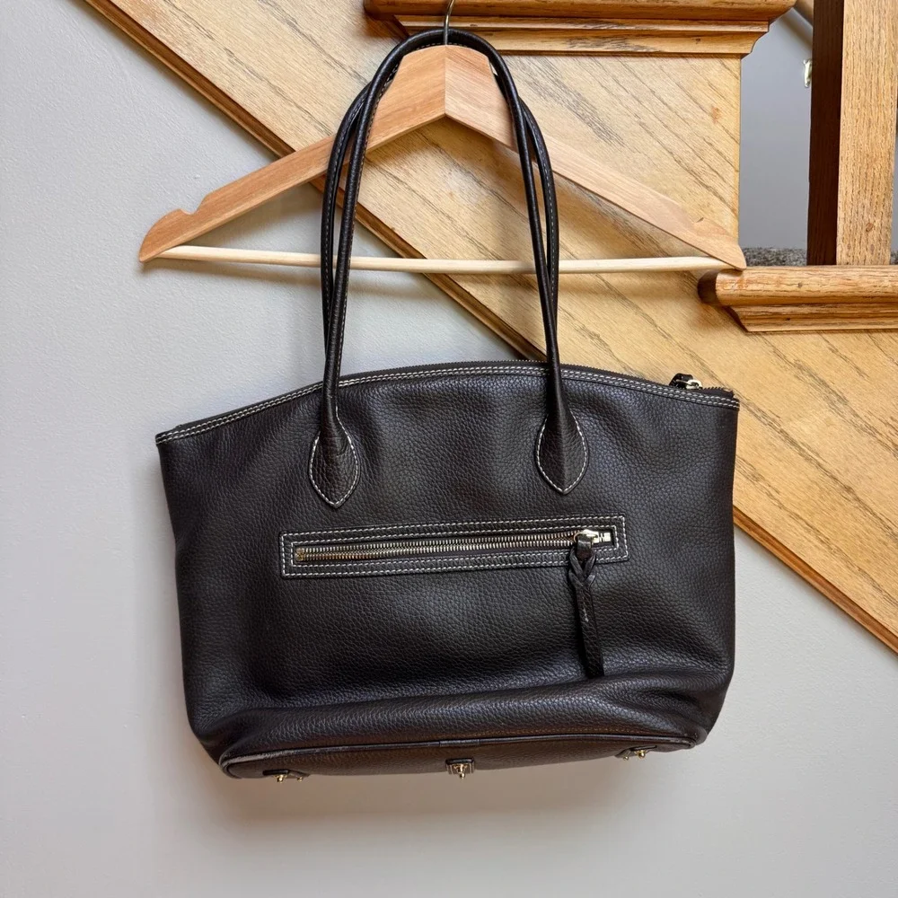 Dooney & Bourke Dark Brown Black Pebble Grain Leather Tote Bag Gold Hardware Med